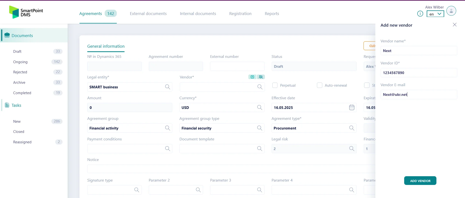 Screenshot of the SmartPoint DMS electronic document management system with the Email field being filled in