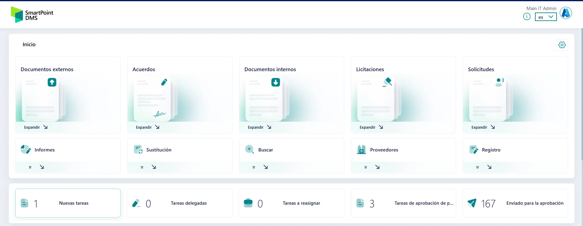 Screenshot of the SmartPoint DMS electronic document management system with the Spanish language version of the interface