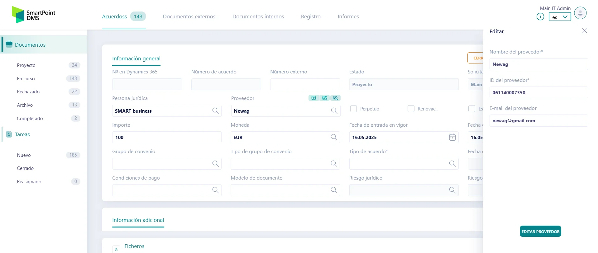 Zrzut ekranu systemu elektronicznego obiegu dokumentów SmartPoint DMS z hiszpańską wersją językową interfejsu