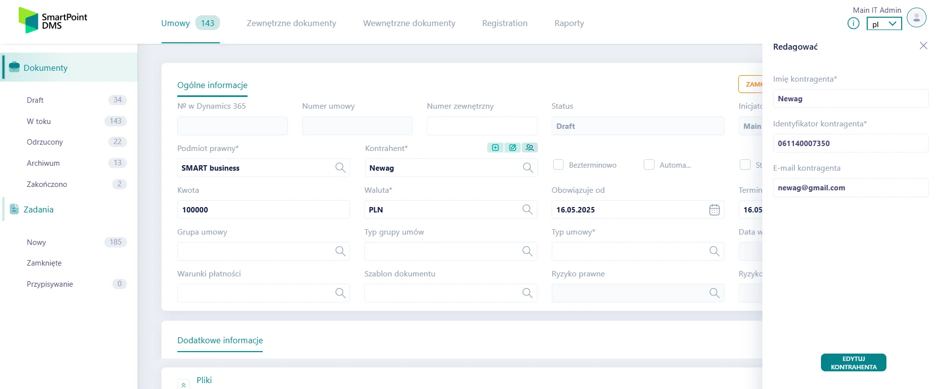 Zrzut ekranu systemu elektronicznego obiegu dokumentów SmartPoint DMS z wypełnianiem pola Email