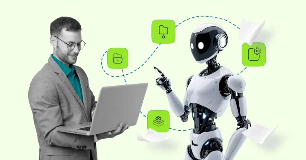 AI-технології в системах управління документами: усміхнений менеджер з ноутбуком в руках спостерігає, як гуманоїдний АІ управляє документами.