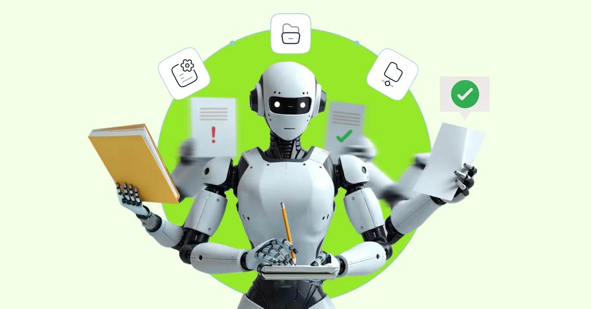 Сценарії використання AI для обробки електронних документів: багаторукий гуманоїд, кожна пара рук якого опрацьовує документи — швидко і без помилок. Escenarios de aplicación de la IA para la gestión de documentos electrónicos: un humanoide de múltiples brazos, cada par de los cuales gestiona documentos de forma rápida y sin errores.