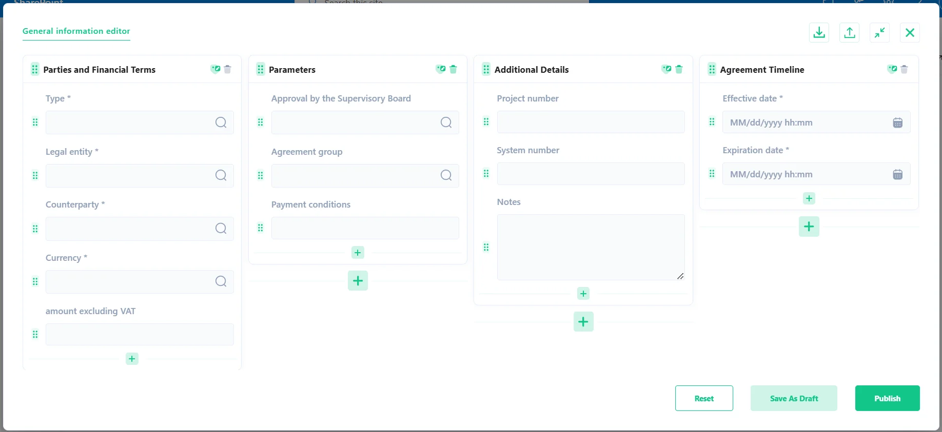 ukr 1 SmartPoint DMS elektron sənəd dövriyyəsi sisteminin sənədin kateqoriyasından asılı olaraq fərdi sənəd kartı yaratmaq imkanını nümayiş etdirən ekran görüntüsü (skrinşotu)