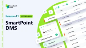 скриншоти системи електронного документообігу з написом ‘Release 4.1 October 2025 SmartPoint DMS’